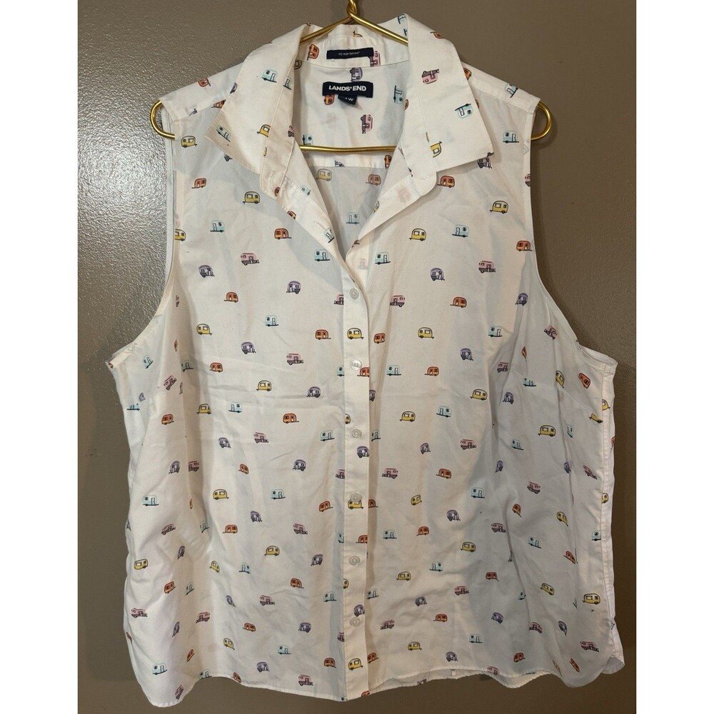 Lands End Womens No-Iron Supima Cotton Sleeveless Shirt Camper Camping Size 24W